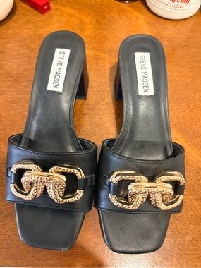 Steve Madden Black Mules with Gold Chain Detail